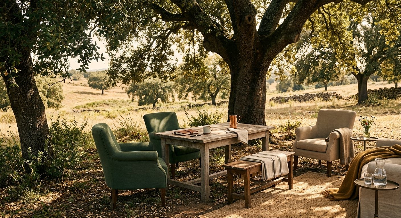 Espacio exterior entre encinas habilitado para dinámicas al aire libre