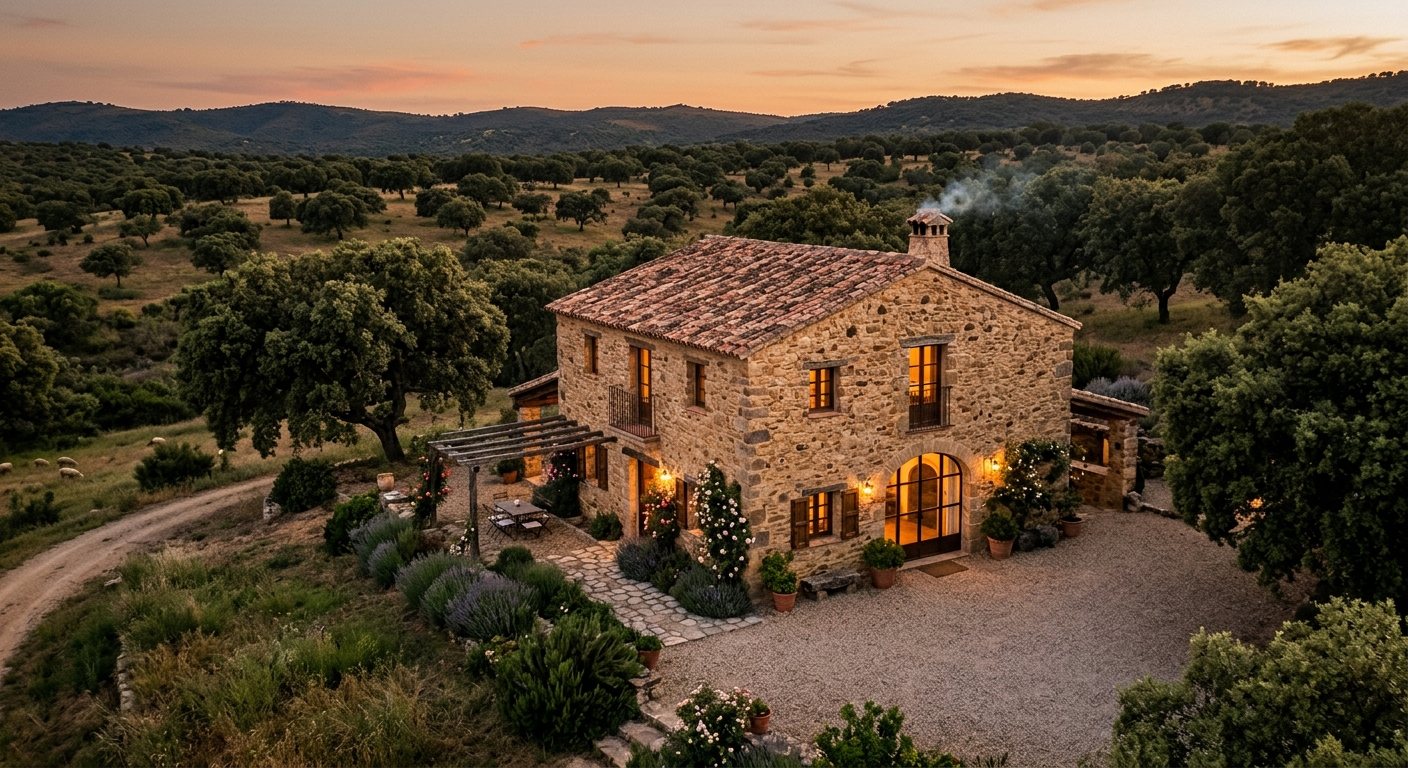 Cortijo restaurado entre encinas en la dehesa de Cáceres al atardecer
