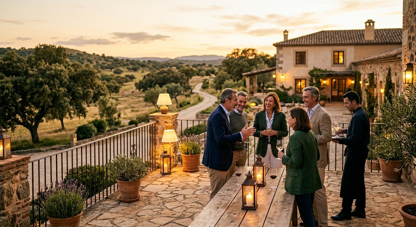 Directivos en un encuentro exclusivo al atardecer en una finca de la dehesa